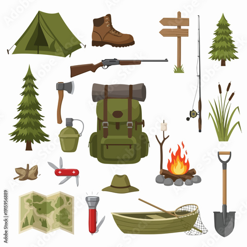 Outdoor Camping and Hiking Gear Collection.
