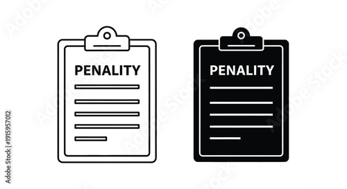 Two clipboard icons with penalty text in black and white on a pure