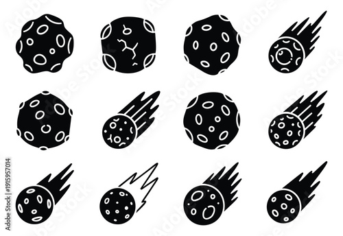 Glyph space objects set featuring various asteroids and comets for science and astronomy concepts