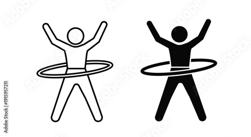 Two stick figures hula hooping with arms raised in black and white