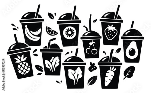 Modern line art smoothie cup set featuring various healthy fruit and vegetable drinks for cafe menus