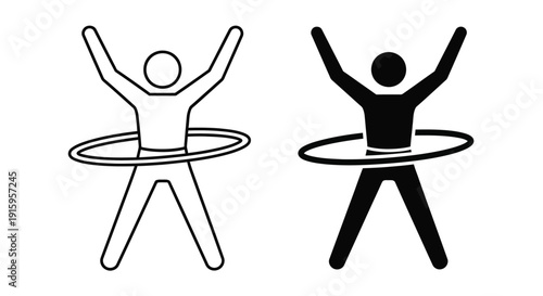 Two stick figures hula hooping with arms raised in black and white
