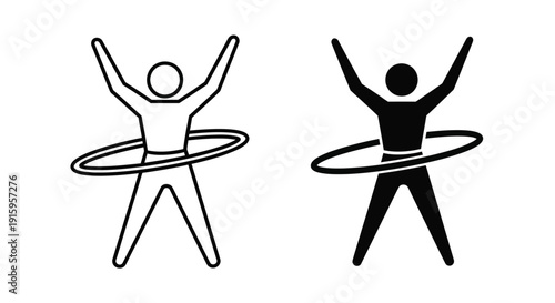 Two stick figures with hula hoops in black and white