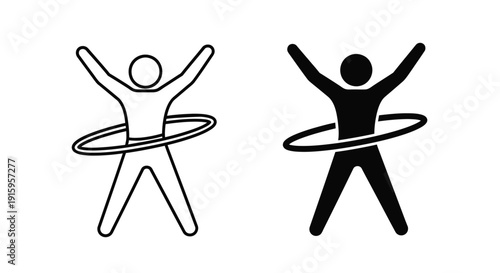 Two stick figures with hula hoops in black and white