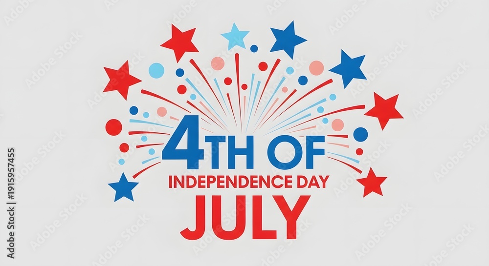 Fototapeta premium Vibrant 4th of july celebration graphic with fireworks and stars on light gray background
