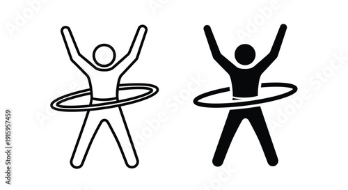Two stick figures with hula hoops in black and white