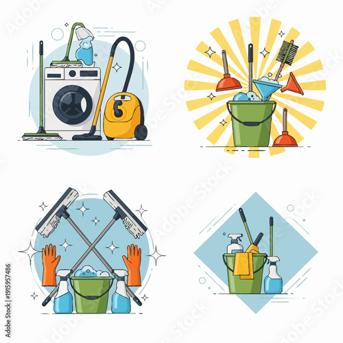 Collection of cleaning supplies and equipment for home hygiene.