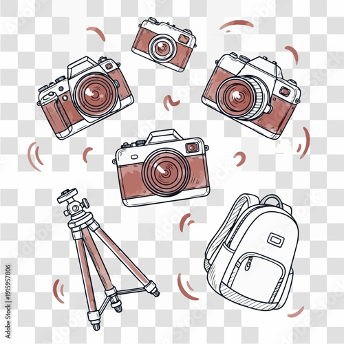 Collection of vintage cameras and photography equipment illustration.