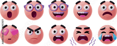 Cute Cartoon Emoji Faces Set with Different Emotions Including Happy, Sad, Angry and Crying Expressions