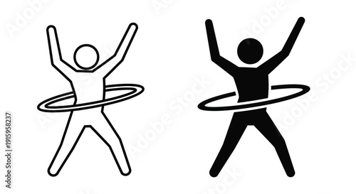 Two stick figures hula hooping with arms raised in the air
