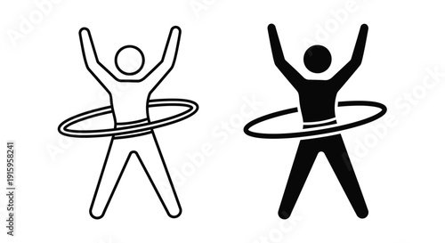 Two stick figures with hula hoops in black and white