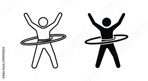 Two people hula hooping in black and white on with arms raised in fun exercise