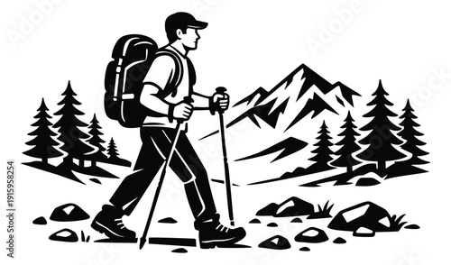 Graphic illustration of a hiker depicting walking with trekking poles in mountains for outdoor adventure