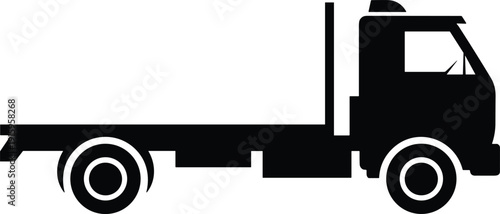Flatbed Cargo Truck Silhouette Vector Illustration, Commercial Transport Lorry Icon, Black Industrial Freight Vehicle Isolated on White Background