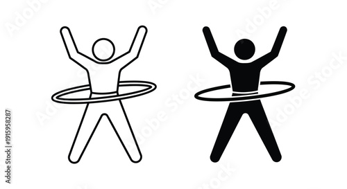 Two stick figures hula hooping in black and white