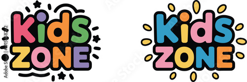 Kids zone playful logo design, bright cartoon bubble typography for children playroom decor, fun flat vector illustration isolated on white.