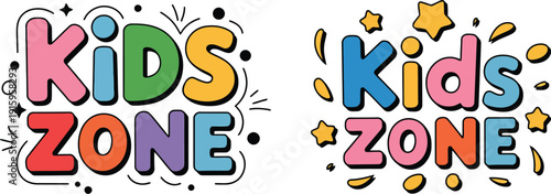 Kids zone cartoon logo, colorful bubble letters for children playroom decoration, flat design element vector illustration isolated on white background.