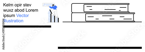 Education, research, technology, knowledge, digital learning, library systems. Illustrated books and a person presenting data. Education and research concepts are highlighted