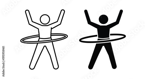 Two stick figures playing with hula hoops in black and white on a plain background