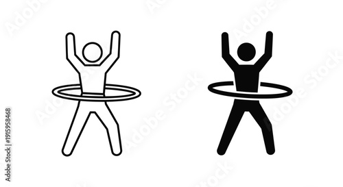Two stick figures hula hooping in black and white