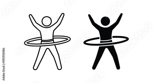 Two stick figures hula hooping with arms raised in the air