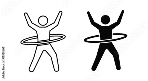 Two stick figures with hula hoops in black and white