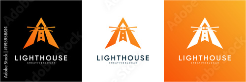 Modern Lighthouse with Letter A initial and north direction Logo Template. Abstract Search and Guide Navigation vector icon symbol.