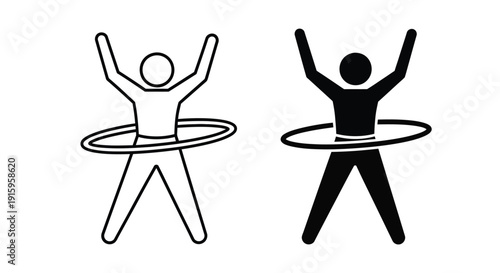 Two stick figures hula hooping with arms raised in the air