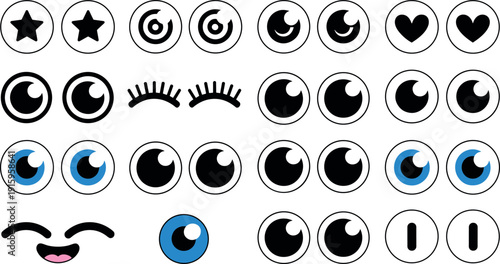Cartoon Eyes and Cute Facial Expression Elements Set with Different Pupils, Lashes and Emotions