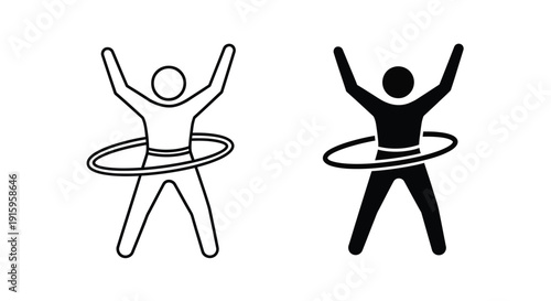 Two people hula hooping in black and white with arms raised in fun exercise