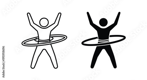 Black and white line art illustration of two people hula hooping with arms raised in celebration