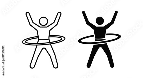 Two stick figures hula hooping in black and white