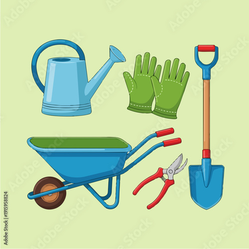 Gardening Tools Set Including Wheelbarrow Watering Can Gloves and Pruners.