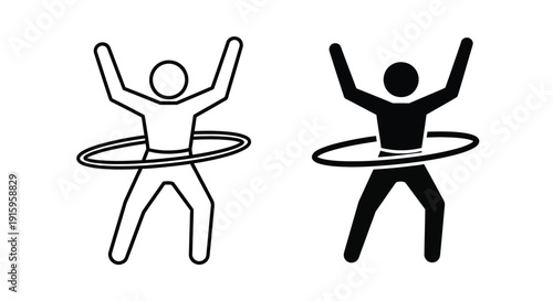 Two stick figures playing with hula hoops in black and white