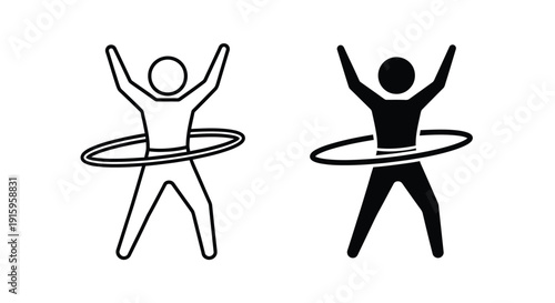 Two people hula hooping with arms raised in a playful dance motion