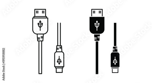 Vector illustration of usb cables with different connectors and ports in black and white on a pure