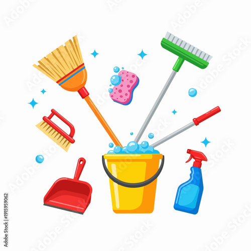 Cleaning supplies including a broom mop bucket and spray bottle.