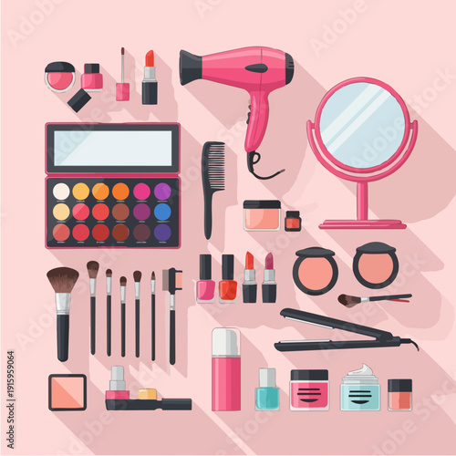 Collection of makeup and beauty products arranged neatly.