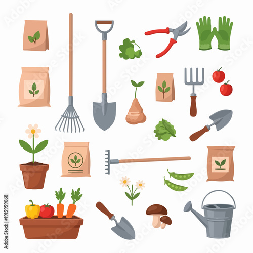 Gardening tools and supplies for planting and growing vegetables and flowers.