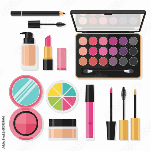 Collection of makeup products and cosmetics for beauty.