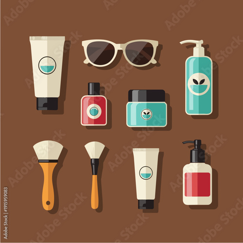 Collection of beauty and skincare products and accessories.