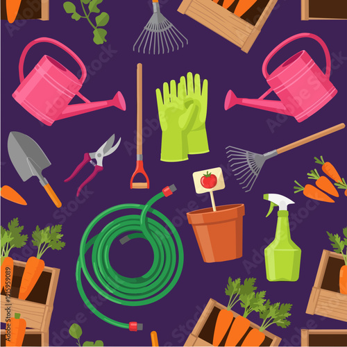 Gardening Tools and Supplies Seamless Pattern.