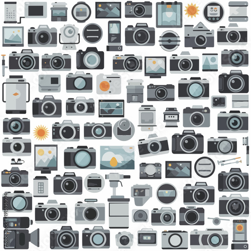 Collection of various vintage and modern cameras and photography equipment.