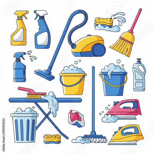 Collection of cleaning supplies and equipment for home hygiene.