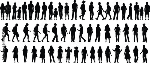Black silhouette vector illustration of diverse people standing, walking, interacting, children and adults, everyday activities, creative human figures, modern design elements