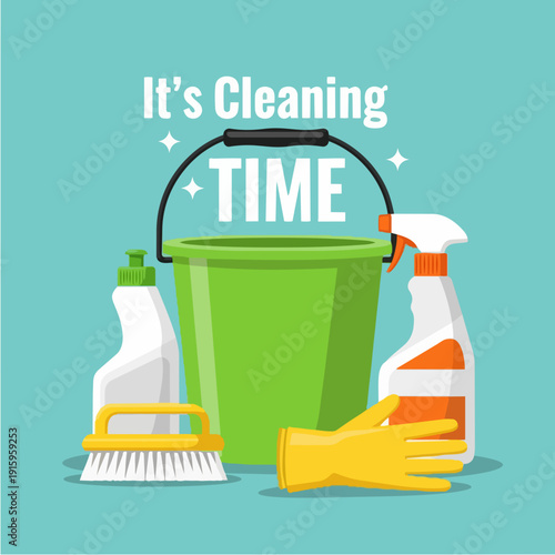 Cleaning supplies including bucket brush gloves and spray bottles.