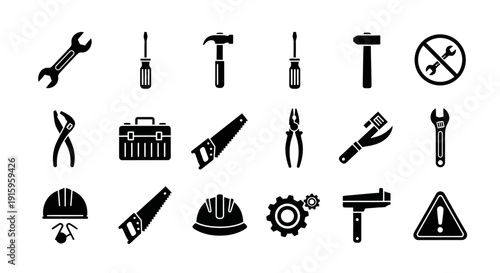 Collection of Black Construction and Repair Tools Icons Set