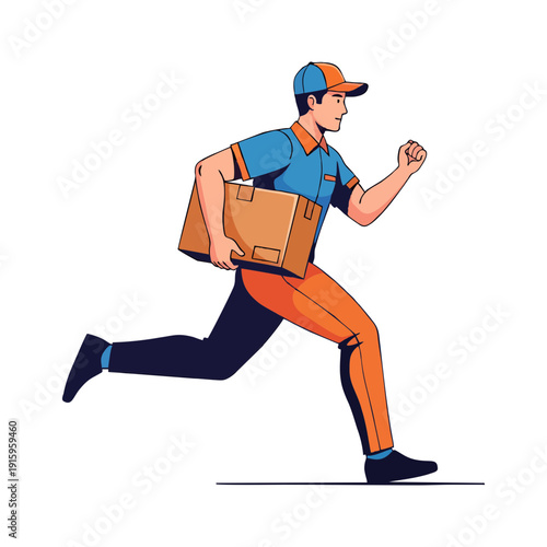 Delivery man running with package in hand, courier in motion