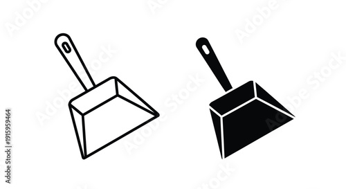 Two black and white dustpan icons in different styles on a pure
