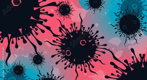 Abstract Coronavirus Microbe Illustration with Spikes on Pink and Blue Gradient Background